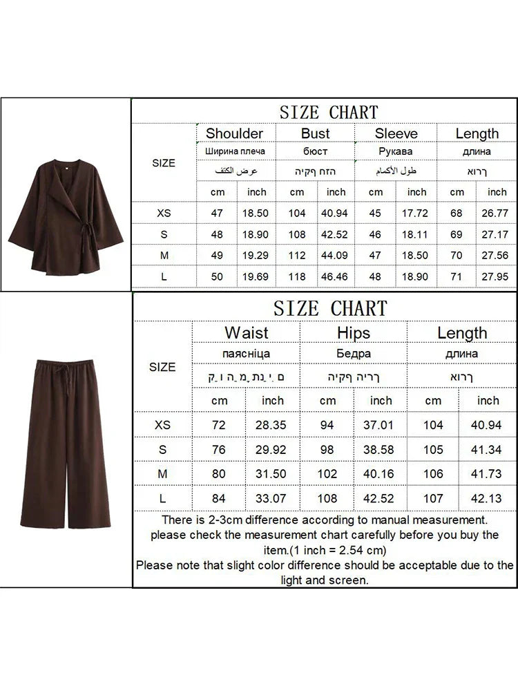 Drune | Fashion Leinen 2 Teile Frauen Frühling Sommer Kimono Stil Loose Schnürhemden Tops Frauen Breite Bein Hosen Set