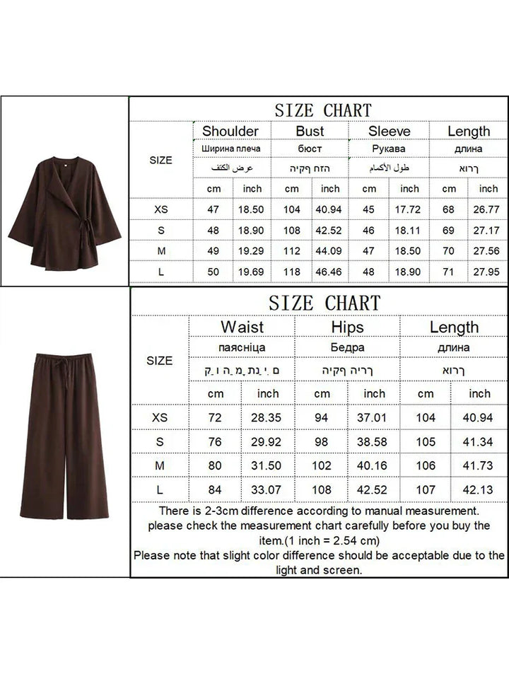 Drune | Fashion Leinen 2 Teile Frauen Frühling Sommer Kimono Stil Loose Schnürhemden Tops Frauen Breite Bein Hosen Set