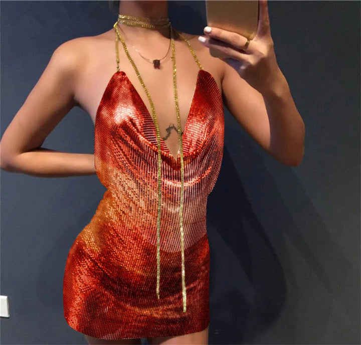 Drune | Diamond Halter Rückenfrei Spalten Metallic Mini Kleid