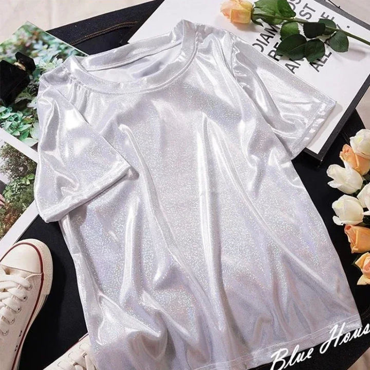 Drune | S 5Xl Damen Funkelnd Shiny Metallisch Holografisch Rundhals Kurzarm Lässig Lose Top Festival Party T-Shirt Damenbekleidung