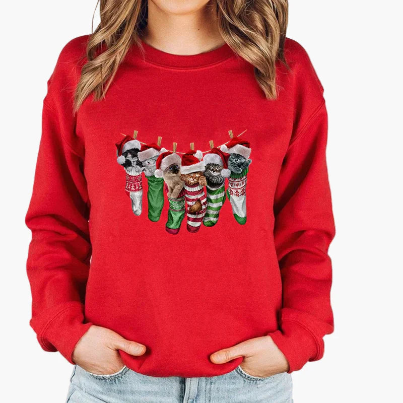 Drune | Weihnachtspullover mit Katze und Lichterkette - Lustiger Winter-Sweater für Katzenliebhaber