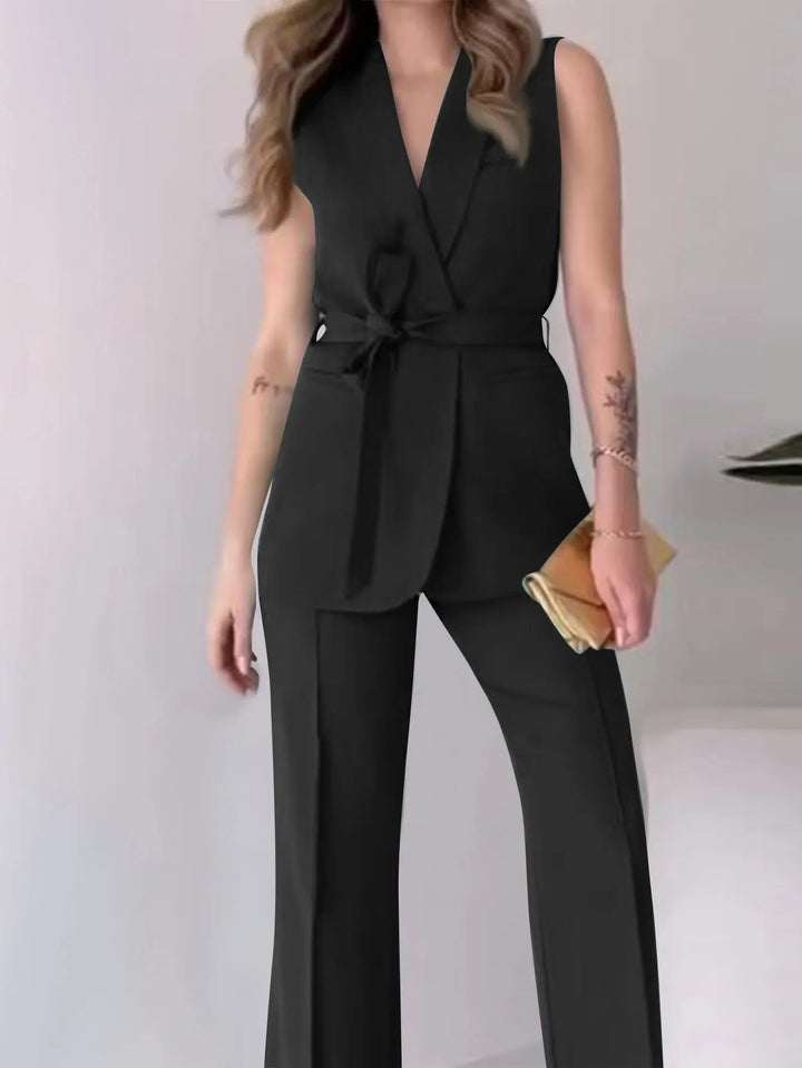 Drune | Ärmelloser Blazer-Anzug Taillierte Passform Wickel-V-Ausschnitt Weite Hose