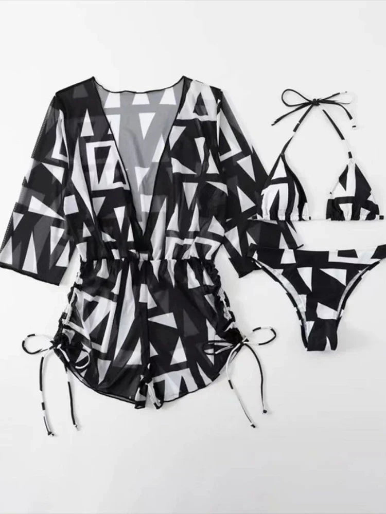 Drune | 3 Stück Bikini Tropischer Druck Badebekleidung Halter Schnürseite Badebekleidung Frauen Badeanzug Weiblich Schwimmen Sommer Strandbekleidung