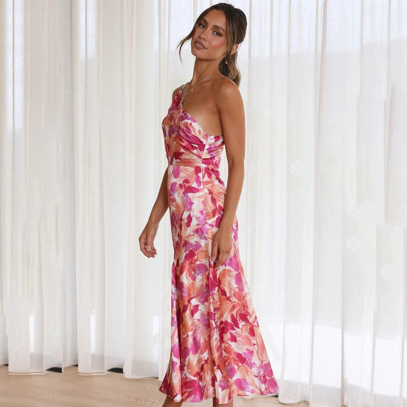 Drune | Rosa Blüten Ein Schulter A-linie Satin Kleid Für Damen