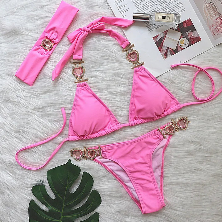 Drune | Pink Sexy Bikinis Schwimmbekleidung mit Herz Strass Damen Bademode Female Push-Up Bikini Strand Bademode Badeanzüge Pool Badebekleidung
