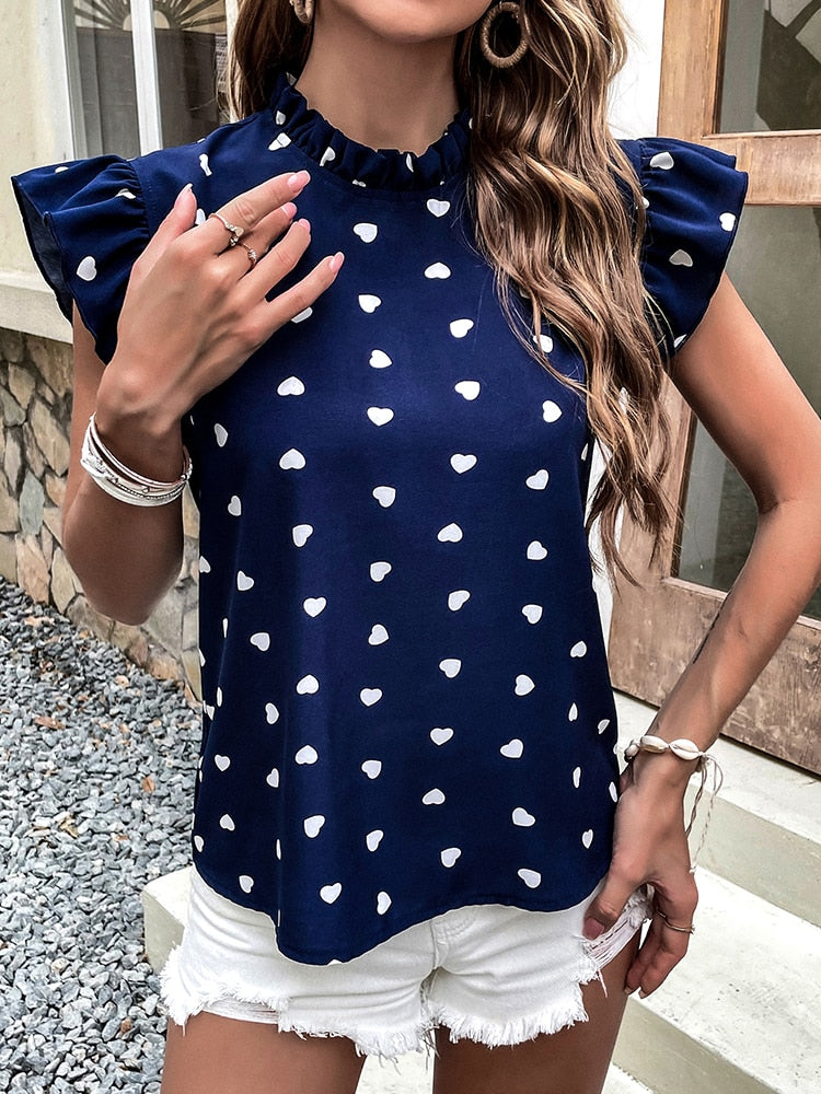 Drune Freizeitbluse | Sommerbluse mit kurzen Ärmeln und Herzdruck