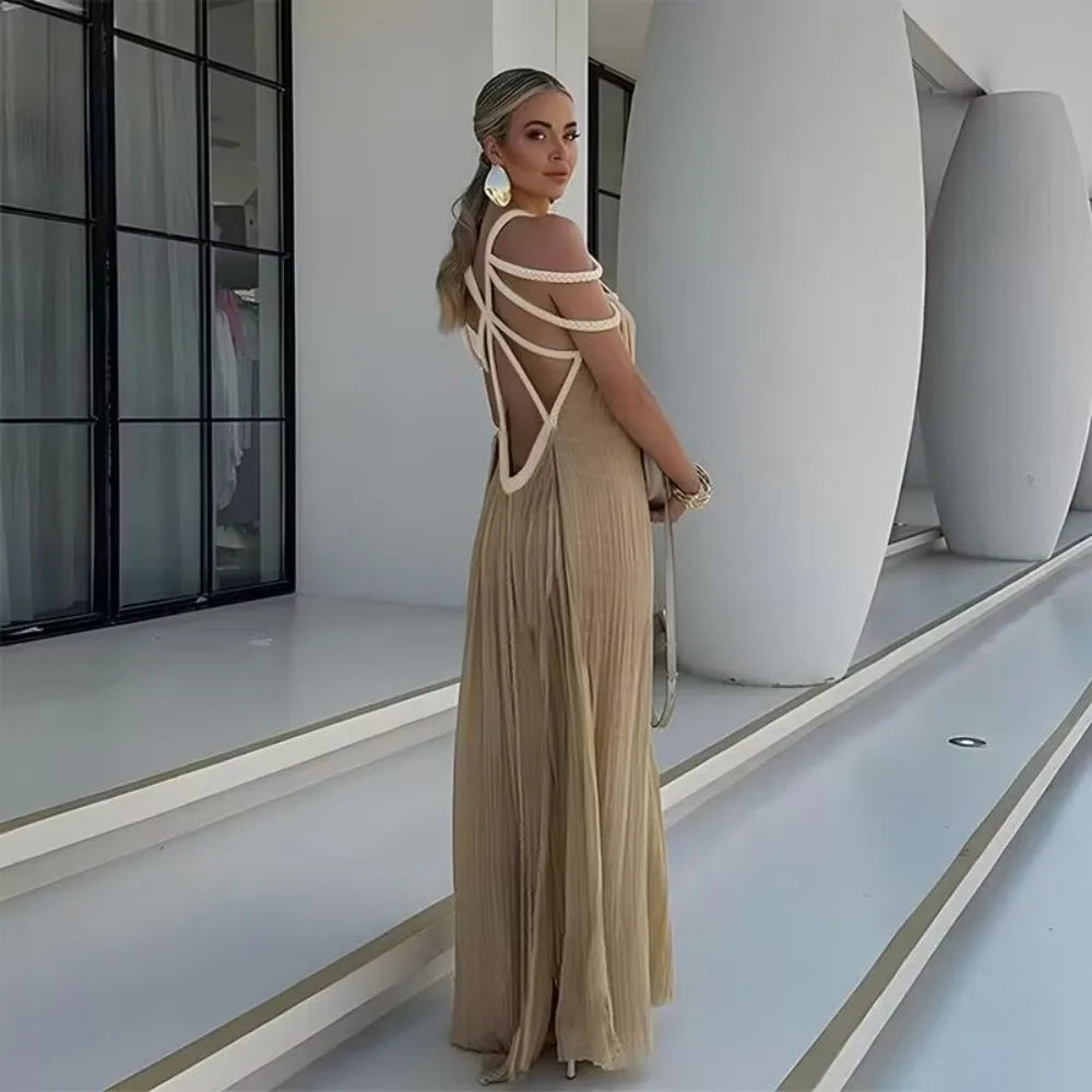 Drune | Grüne Bohemia Ferienanzug Frauen Elegant Solid Lässig Lockere Lange Kleider Sommer Sexy Geshitzte Rückenfreier Maxi Strandkleid Neu