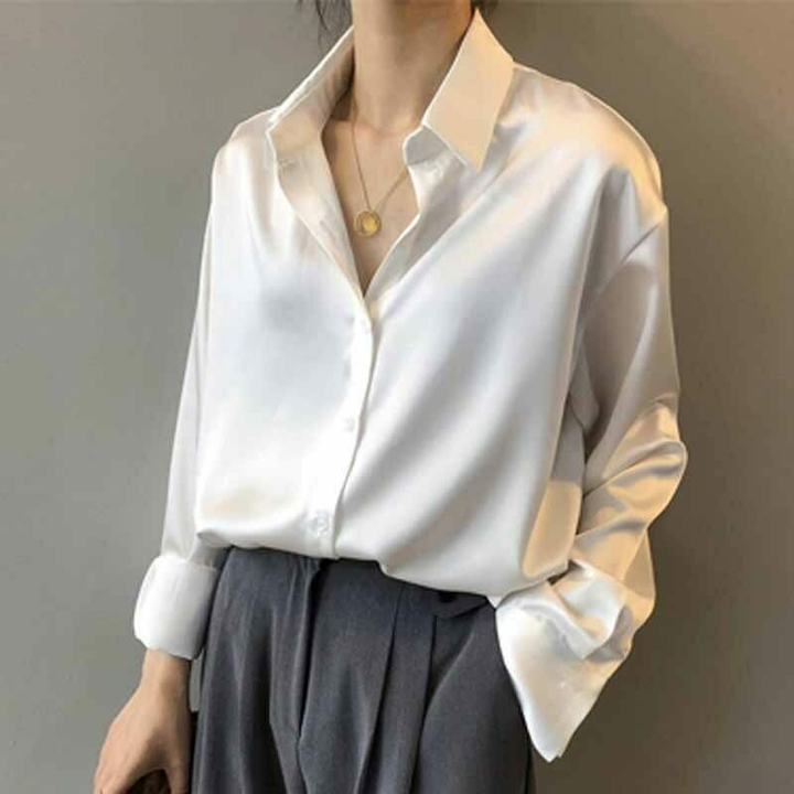 Drune | Langärmelige Button-Up Satin Bluse für Frauen