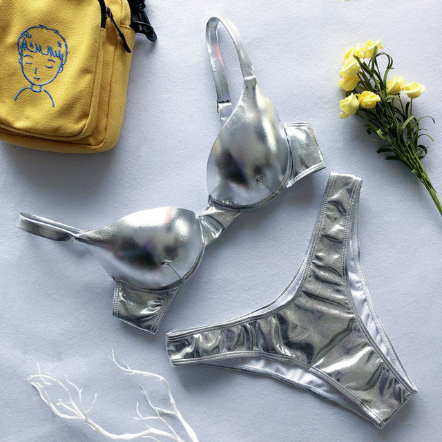 Drune | Glänzendes Metallic Push up Bikinisatz Für Damen