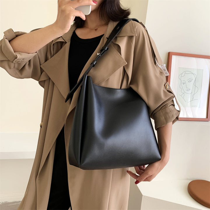 Drune Hochwertige Damen Shopper Große Kapazität Schultertasche Reine Farbe Breiter Riemen Weiches PU-Leder