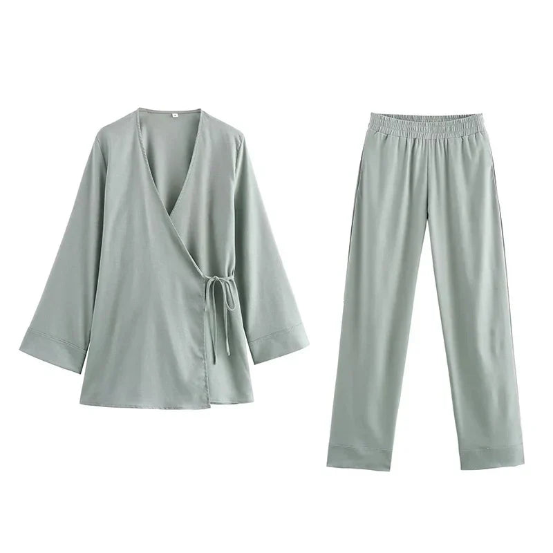 Drune | Fashion Leinen 2 Teile Frauen Frühling Sommer Kimono Stil Loose Schnürhemden Tops Frauen Breite Bein Hosen Set