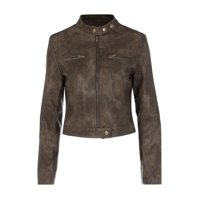Drune | Vintage Kunstlederjacke mit Reißverschlusstaschen