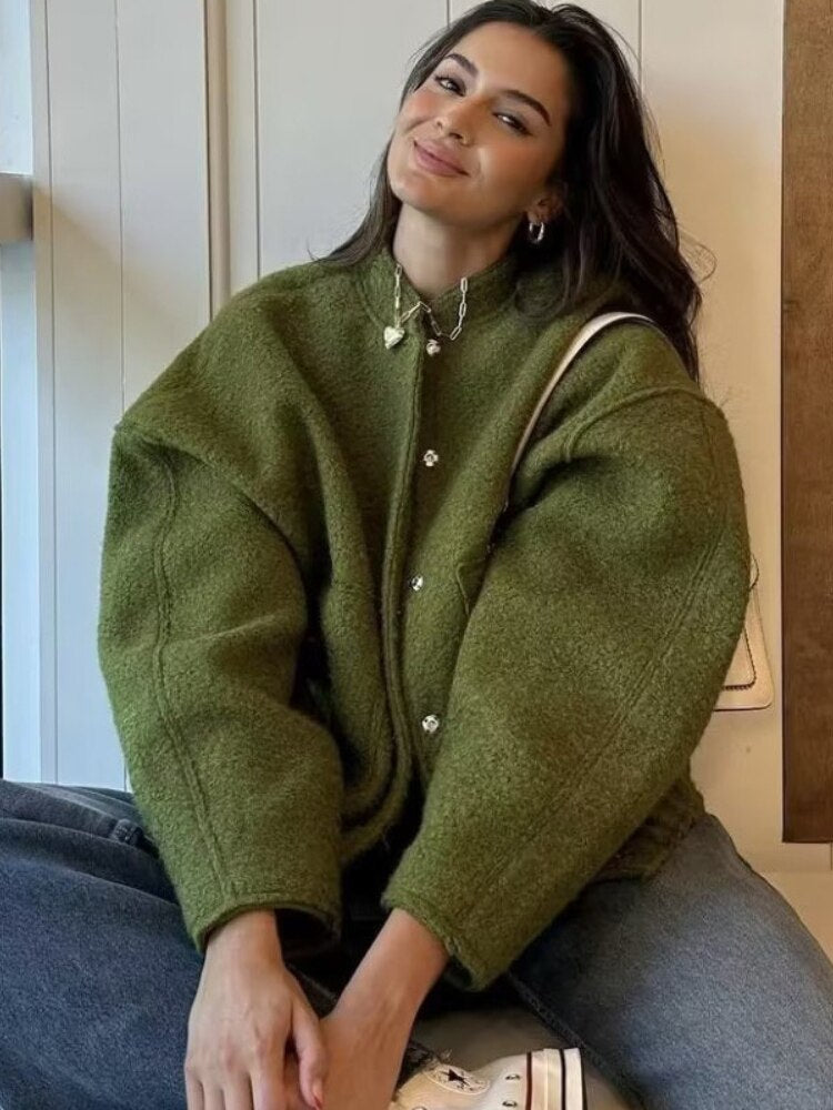 Drune | Damen Oversized Jacke Top Coat Lange Ärmel mit Versteckten Knöpfen