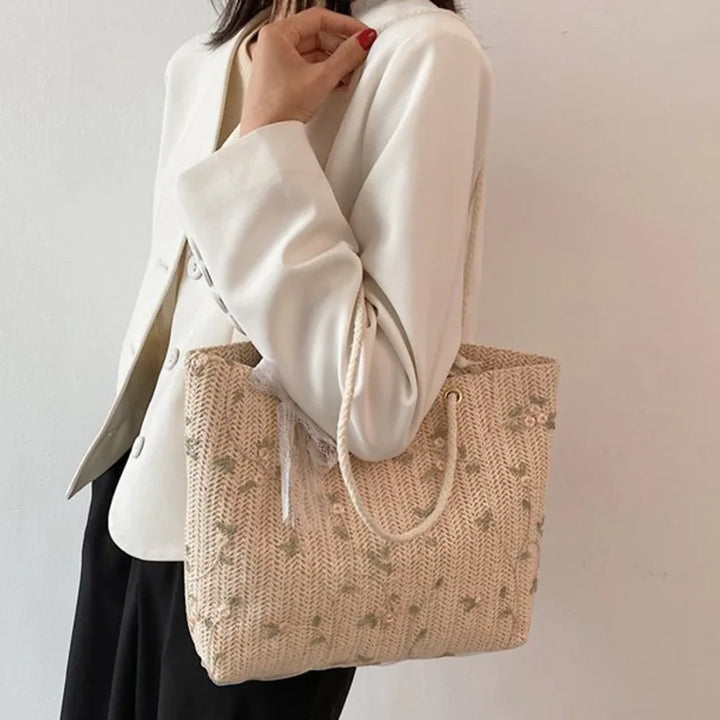 Drune Sommer Tasche | Moderne Damen-Midi-Handtasche mit Blumenprint und Spitzen-Schleife