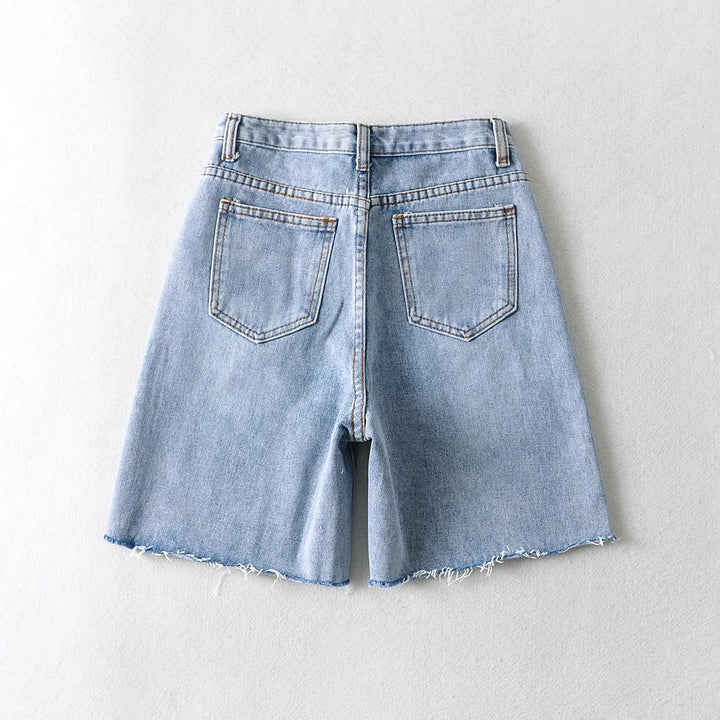 Drune | Frauen Hohe Taille Breite Bein Denim Shorts Mädchen Sommer Mode Streetwear Lässig Einfarbig Weibliche Lockere Stretch Jeans
