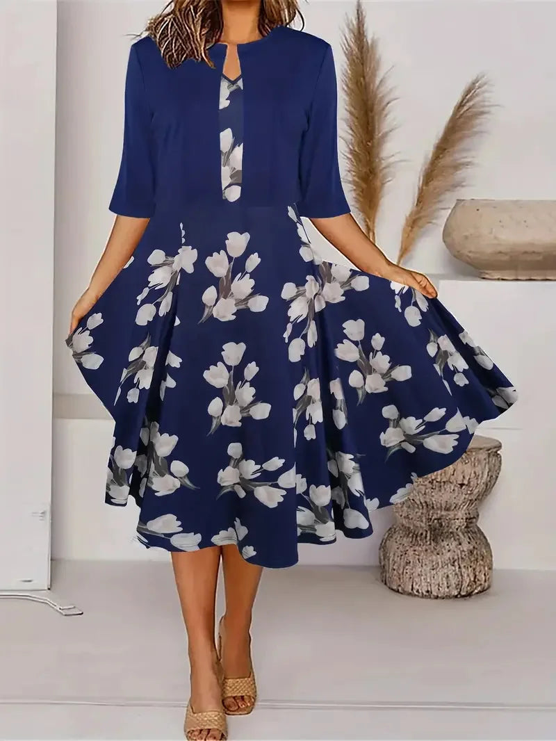 Drune | Neu für Den Sommer! Eu Us Herbst Frau 2 Lang Kleid Set Blumen und Graspunkt Crew Neck Kleid mit Chiffon Kurzjacke