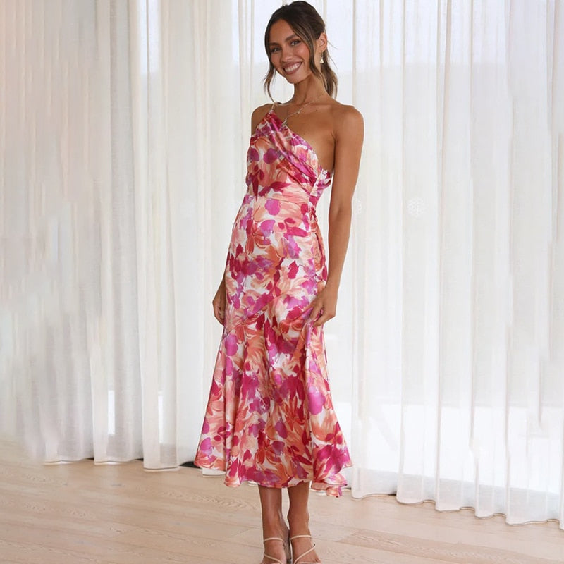Drune | Rosa Blüten Ein Schulter A-linie Satin Kleid Für Damen