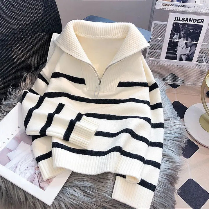 Drune | Strickpullover - Halb Reißverschluss - Weich und Warm - Gestreiftes Design - Gerippte Kanten
