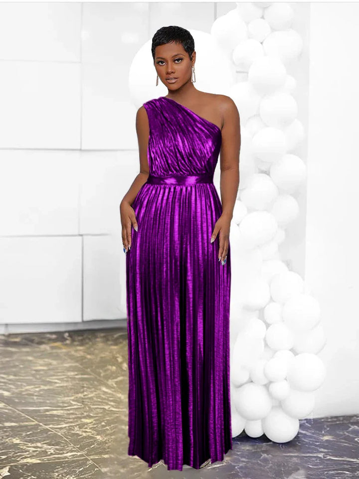 Drune | Elegantes One Shoulder Abendkleid in Metallic Optik