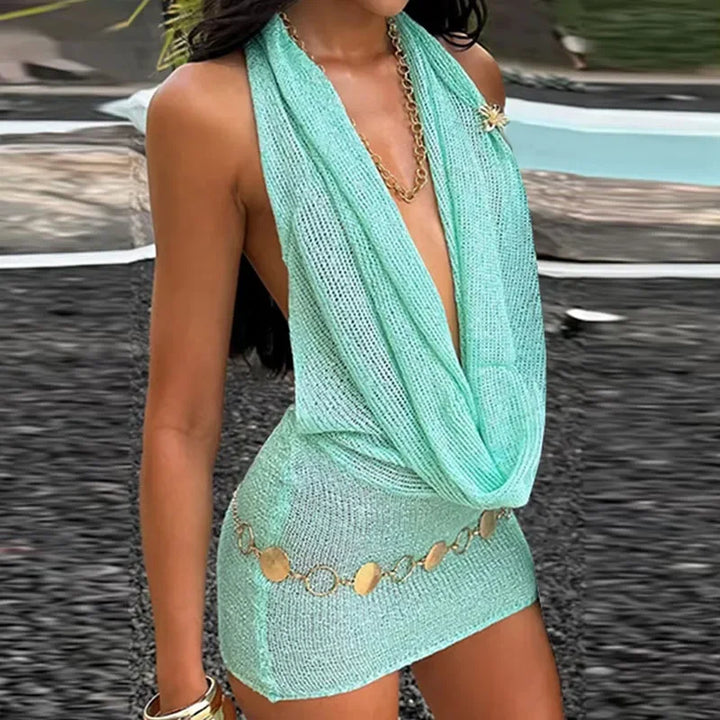 Drune | Glitzer Halter Mini Kleid Frauen Strick Rücklos Ärmellos Bodycon Fest Klub Kleider Weiblich Sommer Damen Mode Y2K Roben