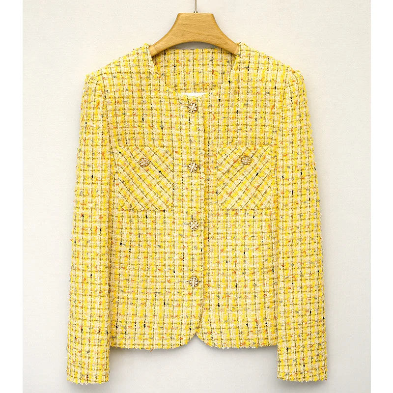 Drune | Gelber, Gewebter Tweed Luxusmantel Kleine Duftjacke