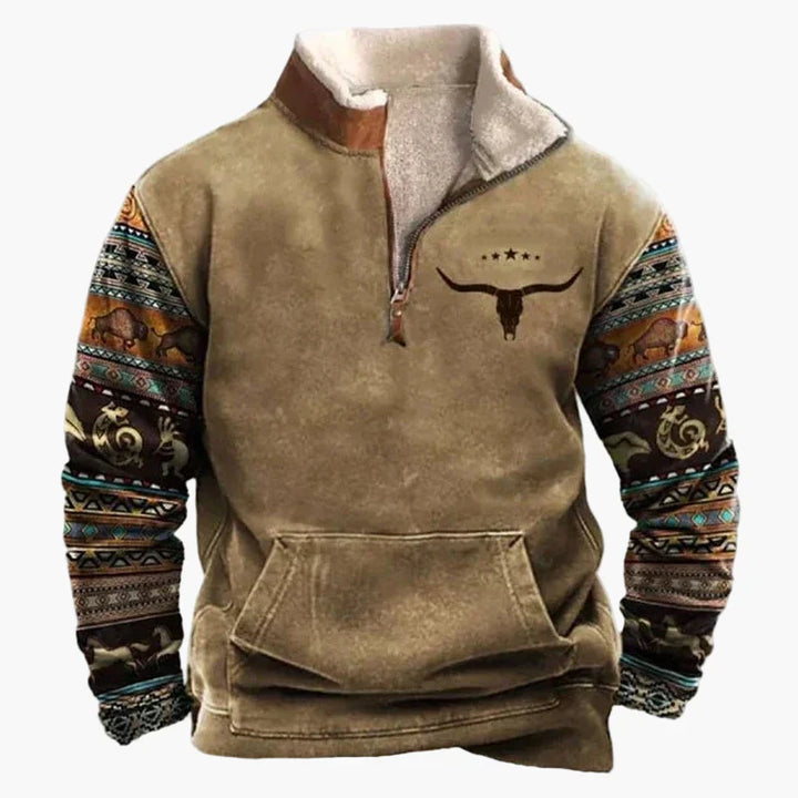 Drune | Western Style Pullover mit Azteken-Muster und Longhorn-Motiv - Bequemer Freizeit-Sweater für Outdoor & Alltag