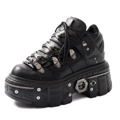 Drune | Frauen Ankle Boots für Frauen Dicke Sohle Schnürsenkel Metall Dekoration Runde Zehen Plattform Schuhe Ladeis Punk Gothic Sneakers