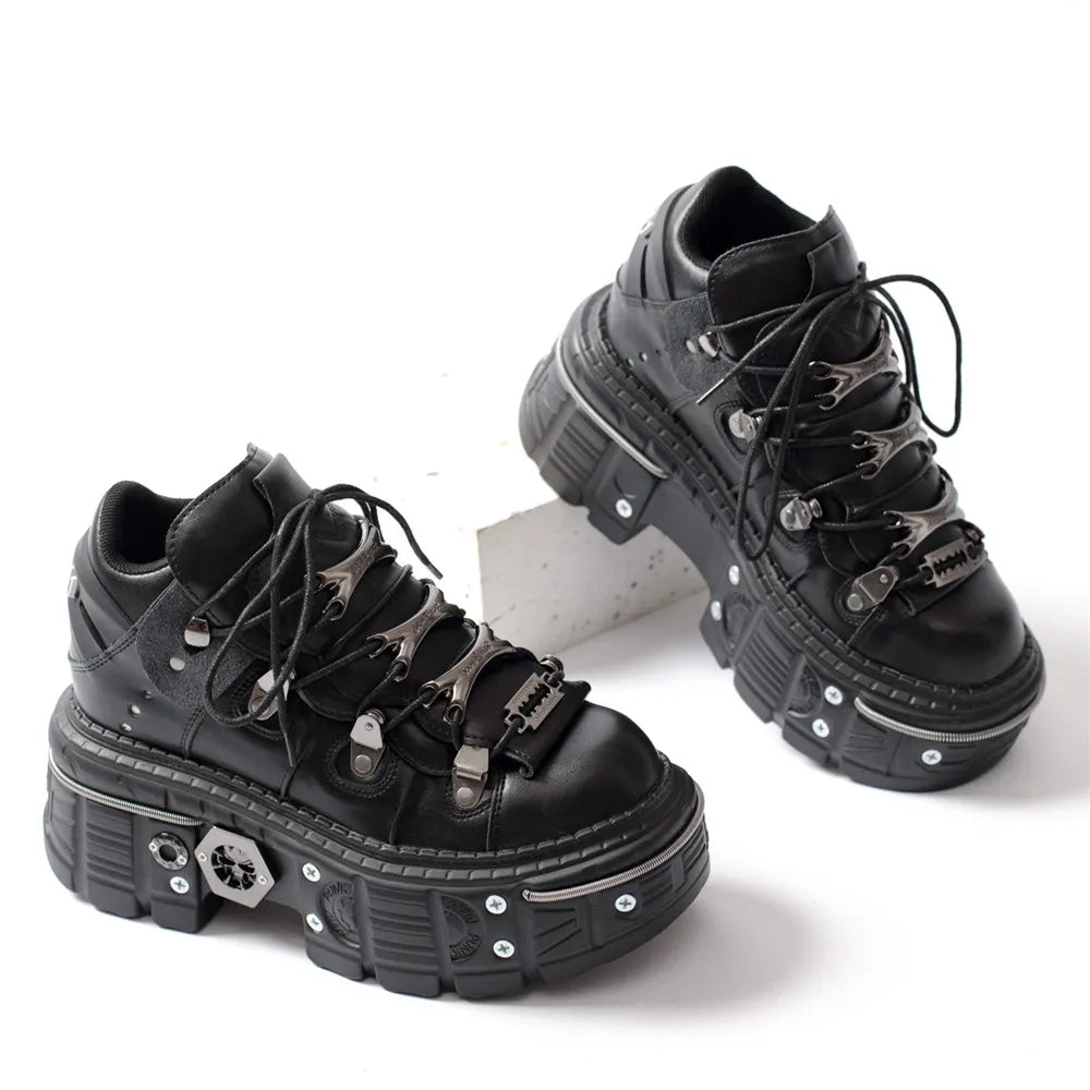 Drune | Fashion Frauen Ankle Boots Damen Dünne Absätze Runde Spitze Schnürsenkel Metall Dekoration Sneakers Fräulein Nieten Punk Gothic Rock Schuhe