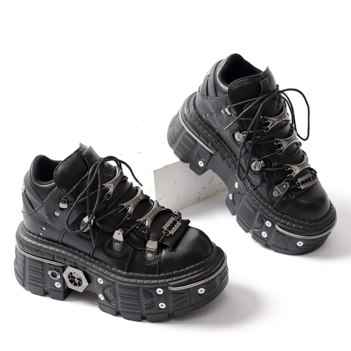 Drune | Fashion Frauen Ankle Boots Damen Dünne Absätze Runde Spitze Schnürsenkel Metall Dekoration Sneakers Fräulein Nieten Punk Gothic Rock Schuhe