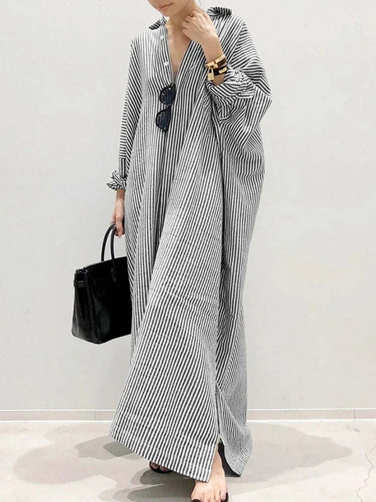 Drune Gestreiftes Kleid | Lässiges oversized Maxi-Kleid mit langen Ärmeln für Damen