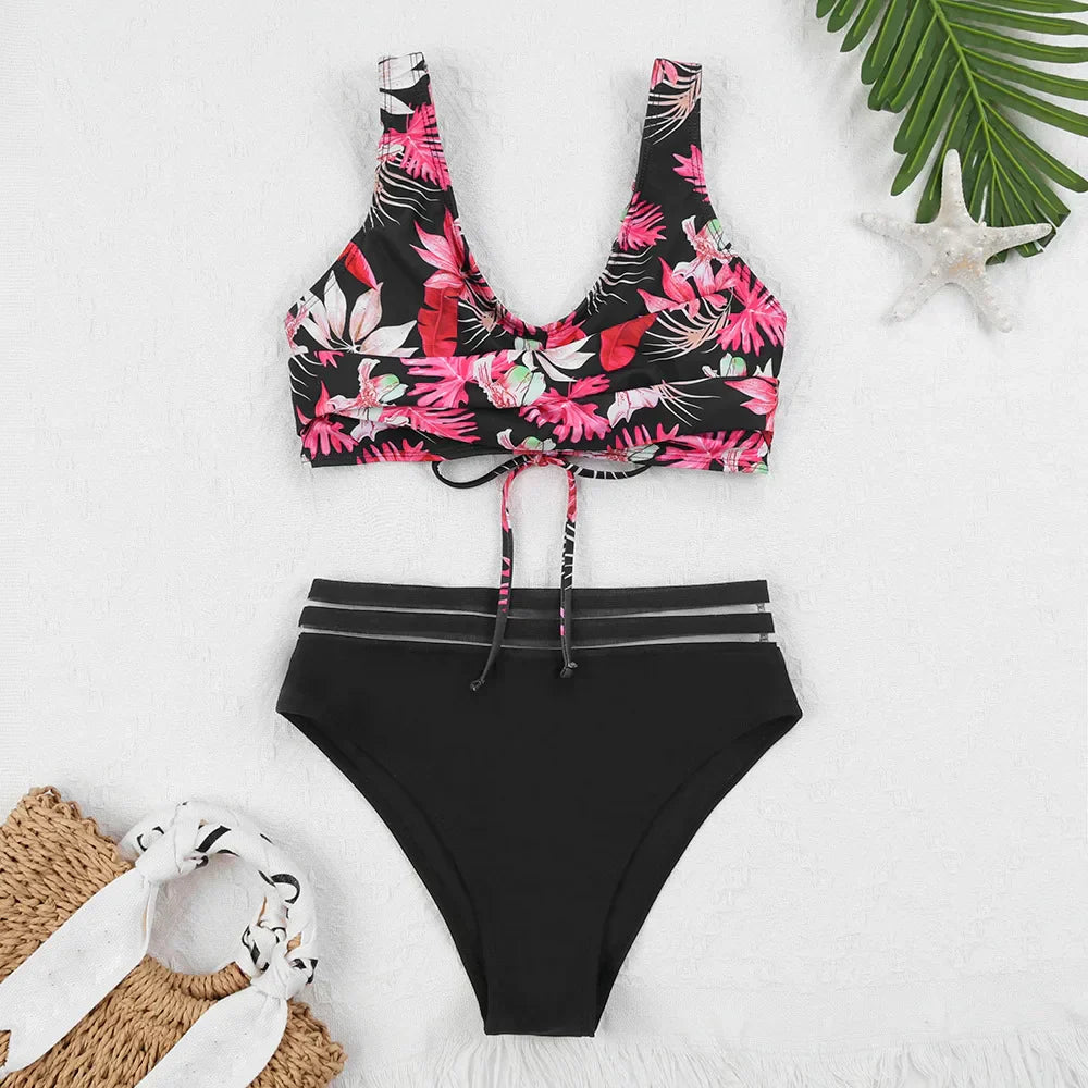 Drune | Schnürung Hohe Taille Bikini Frauen Badebekleidung Frauen Badebekleidung Badeanzug Gepolstert Push-Up Blumen Badeanzug Frauen Bikini Set