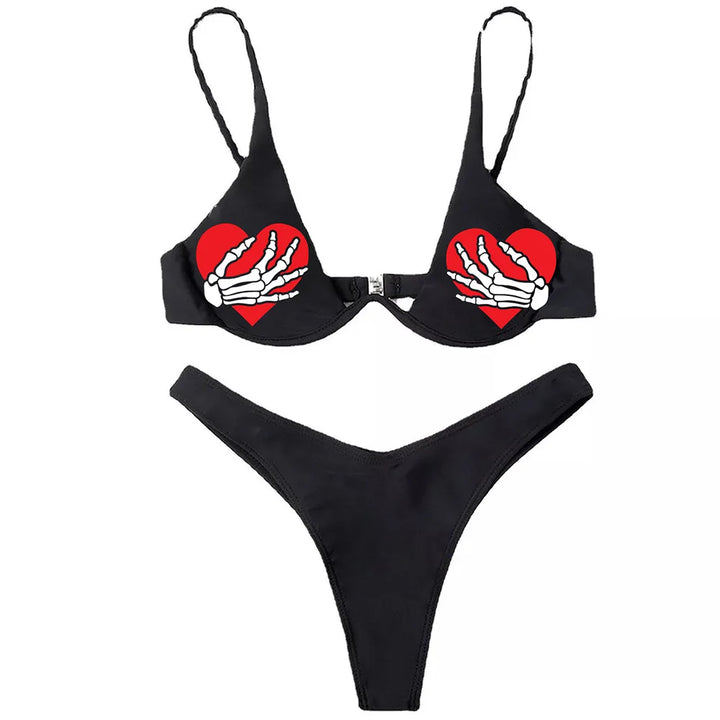 Drune | Sexy Goth Bikini Frauen Buchstaben Totenkopf Druck Badeanzug Split Badeanzug Hohe Taille Gotische Bikini Set Strandoutfits