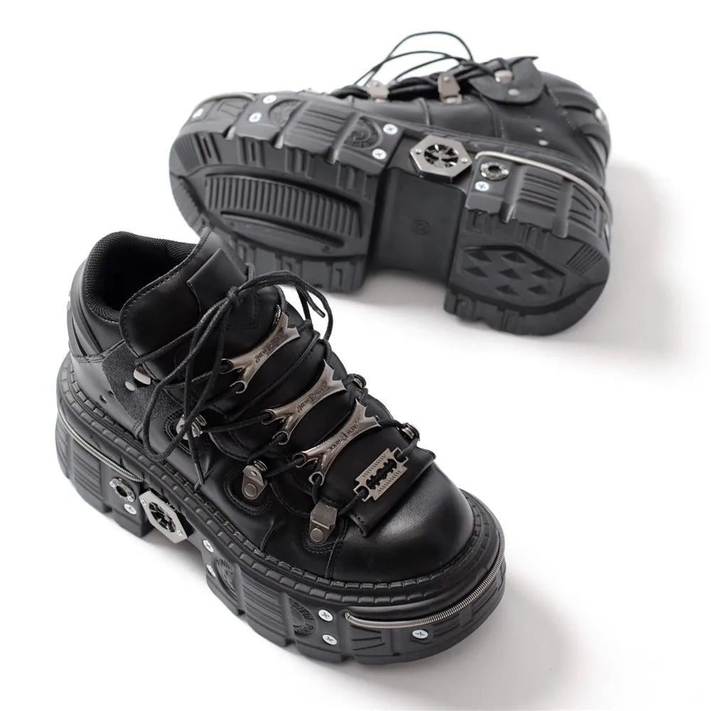 Drune | Frauen Ankle Boots für Frauen Dicke Sohle Schnürsenkel Metall Dekoration Runde Zehen Plattform Schuhe Ladeis Punk Gothic Sneakers
