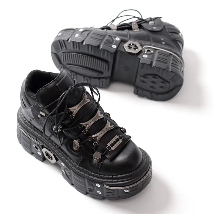 Drune | Frauen Ankle Boots für Frauen Dicke Sohle Schnürsenkel Metall Dekoration Runde Zehen Plattform Schuhe Ladeis Punk Gothic Sneakers