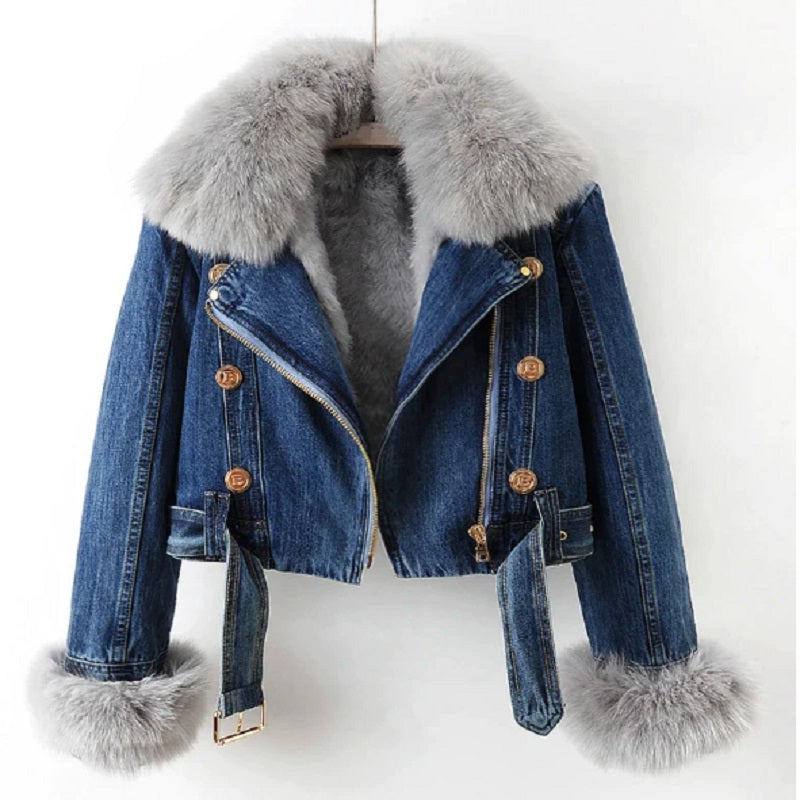 Drune | Denim Jacke mit Luxuriösem Pelzkragen Damen Regular Fit Belle Couture Essential Nachhaltig