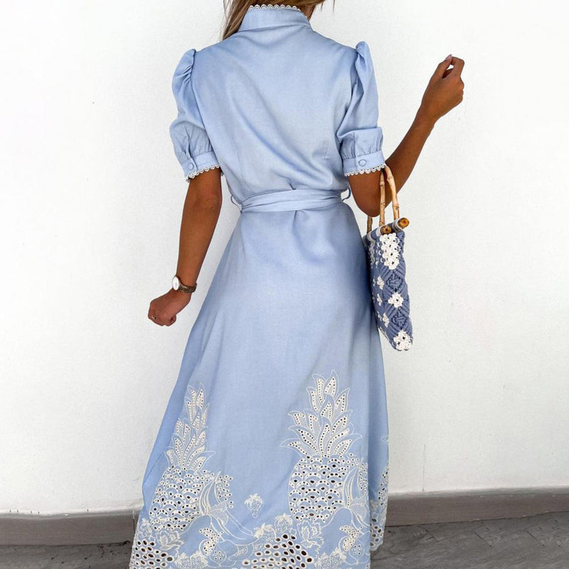Drune | Maxikleid Besticktes Cut Out Design Puffärmel Knopfverschluss Taillenknoten