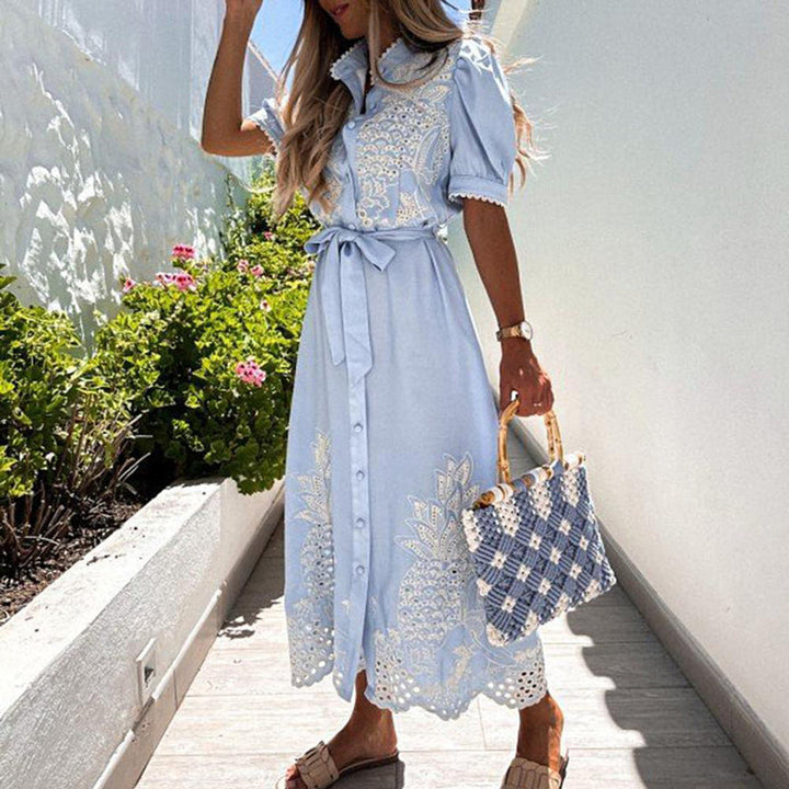 Drune | Maxikleid Besticktes Cut Out Design Puffärmel Knopfverschluss Taillenknoten