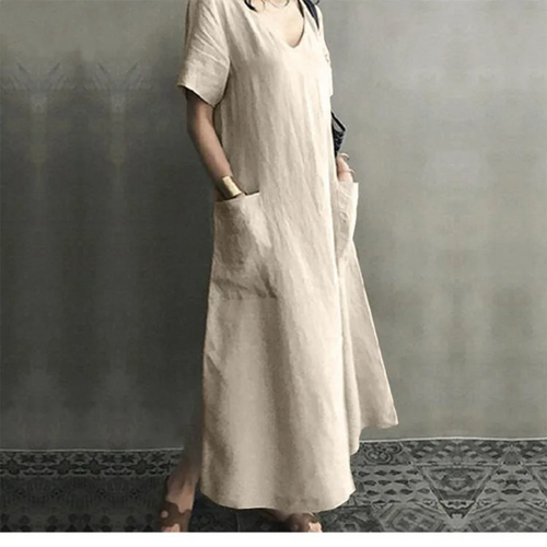 Drune | Schlank Bequem Leinenkleid mit V-Ausschnitt