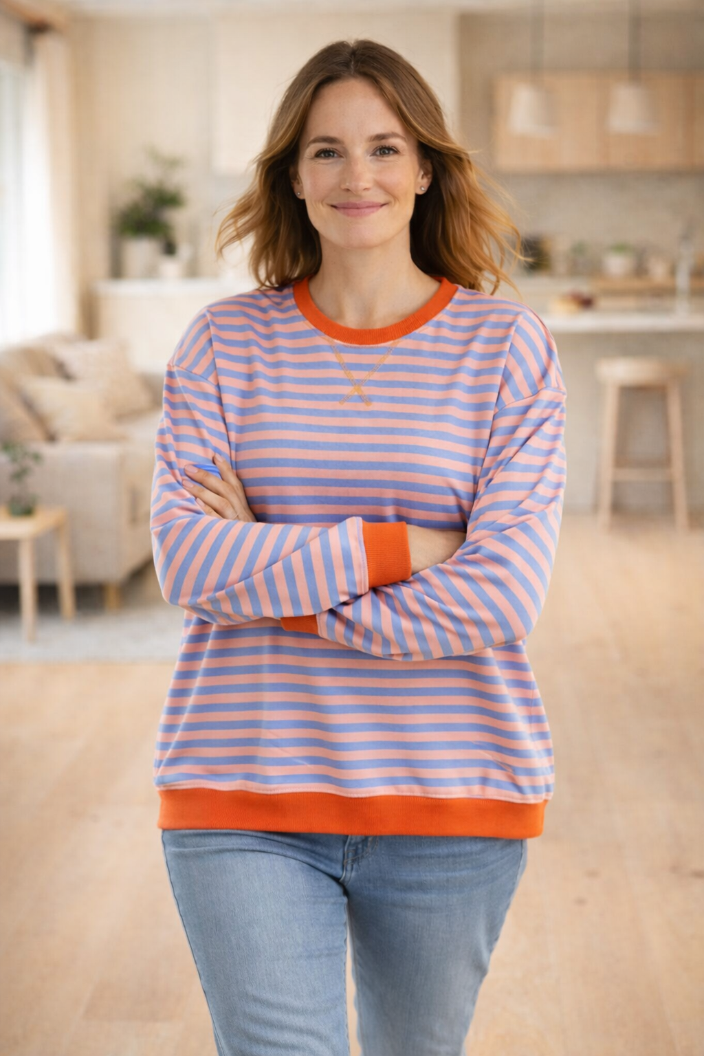 Drune Damen Pullover gestreift Rundhals langarm locker