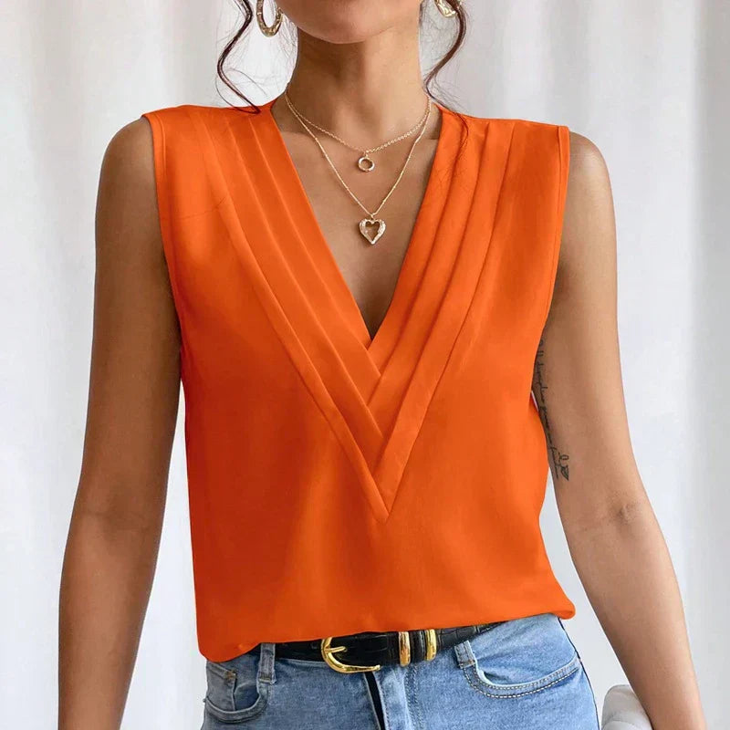 Drune | Ärmellose V-Ausschnitt Bluse mit Faltendetail für Damen