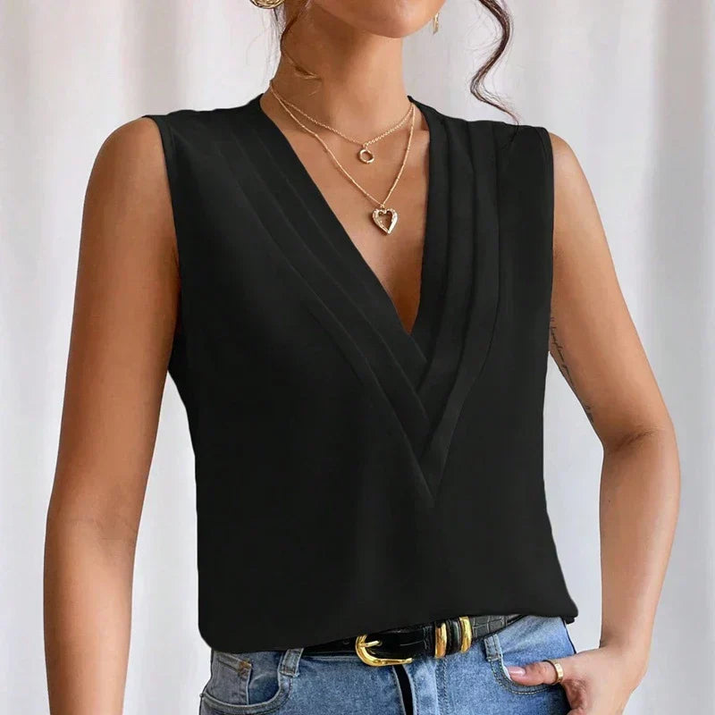 Drune | Ärmellose V-Ausschnitt Bluse mit Faltendetail für Damen