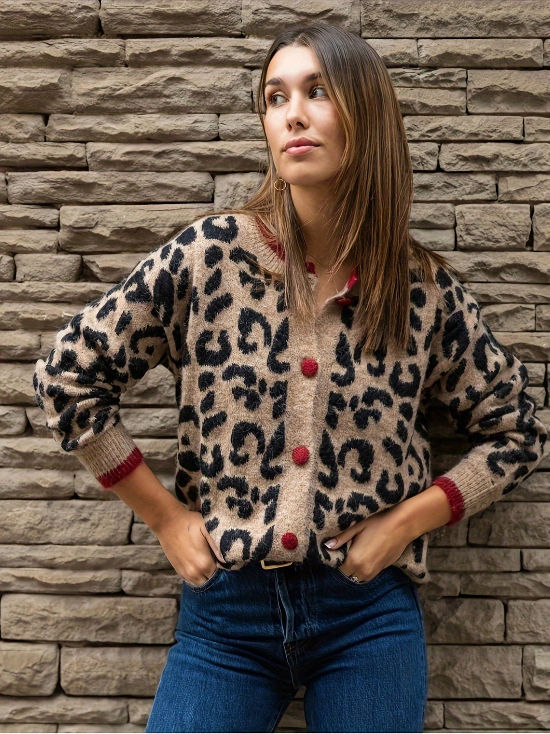 Drune | Stilvoller Leopardenmuster Strickjacke Mit Knopfverschluss