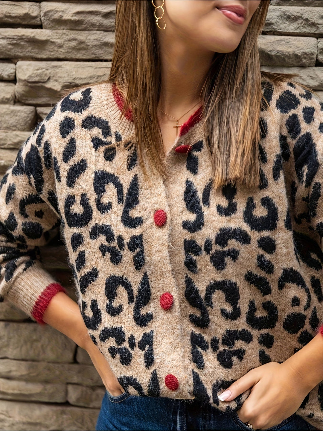 Drune | Stilvoller Leopardenmuster Strickjacke Mit Knopfverschluss