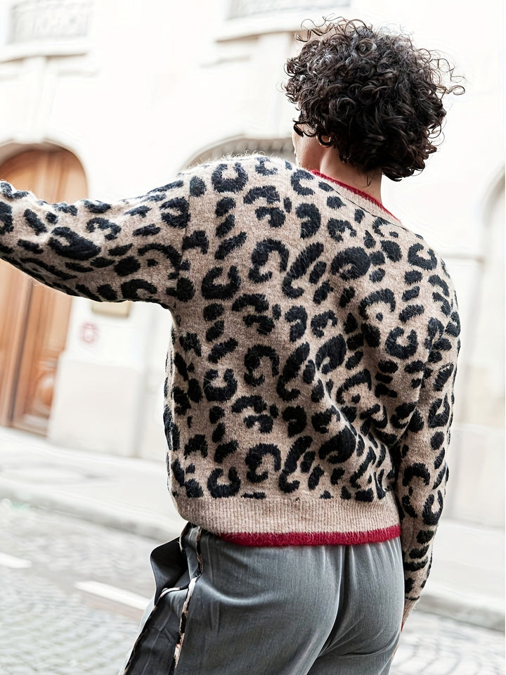Drune | Stilvoller Leopardenmuster Strickjacke Mit Knopfverschluss