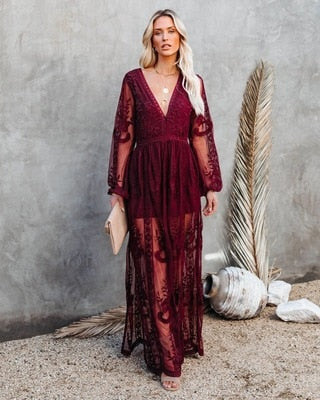 Drune | V-Ausschnitt Lange Ärmel Maxikleid Sommerkleid