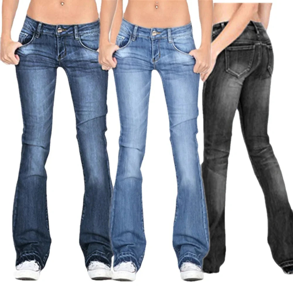 Damen Denim Low-Rise Flared Jeans mit lässigem Vintage-Look & Ausgestelltem Bein | Drune