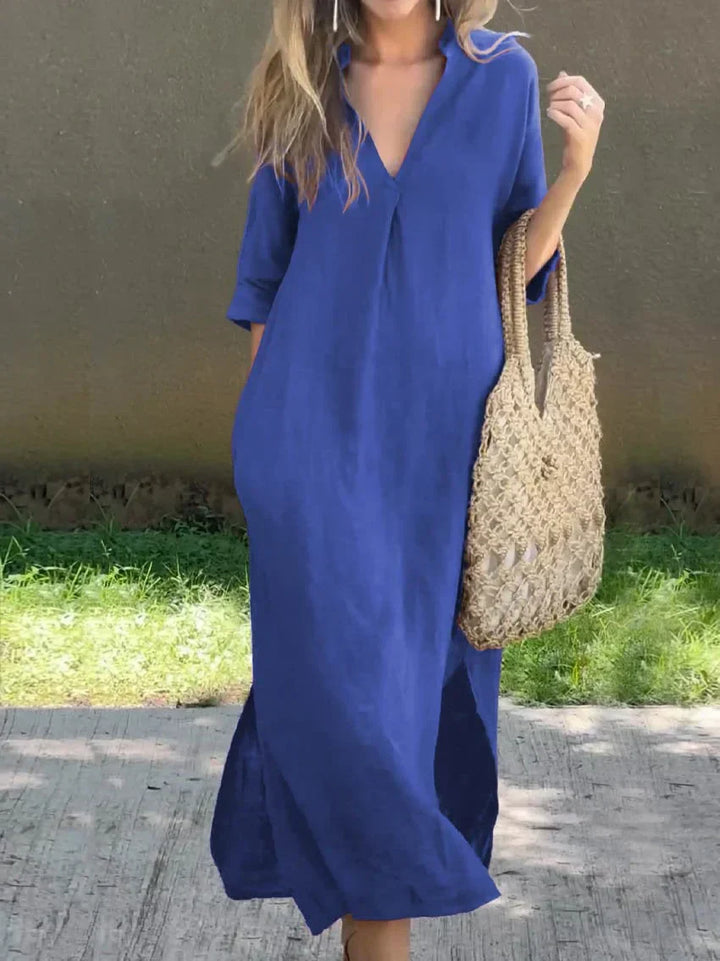 Drune | Leinenkleid Mit V-ausschnitt Und Taschen Für Damen