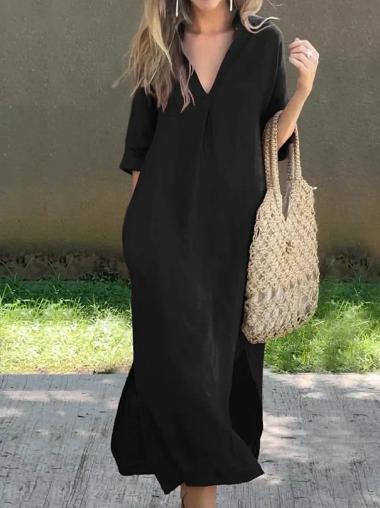 Drune | Leinenkleid Mit V-ausschnitt Und Taschen Für Damen