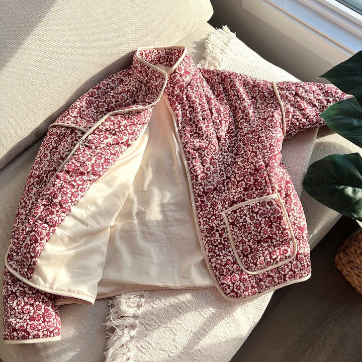 Drune | Damen Blumen Gestepptes Jacke mit Taschen und Langen Ärmeln