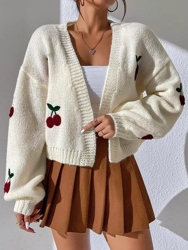Drune | Kirschrot Weiß Grobstrickjacke Damenjacke